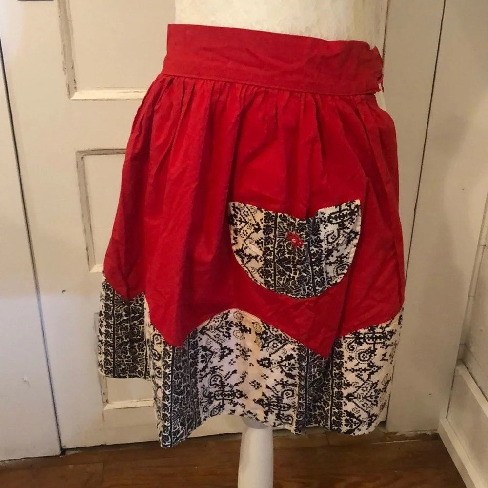 Lot Bundle of 2 Vintage Handmade Red Aprons Pockets